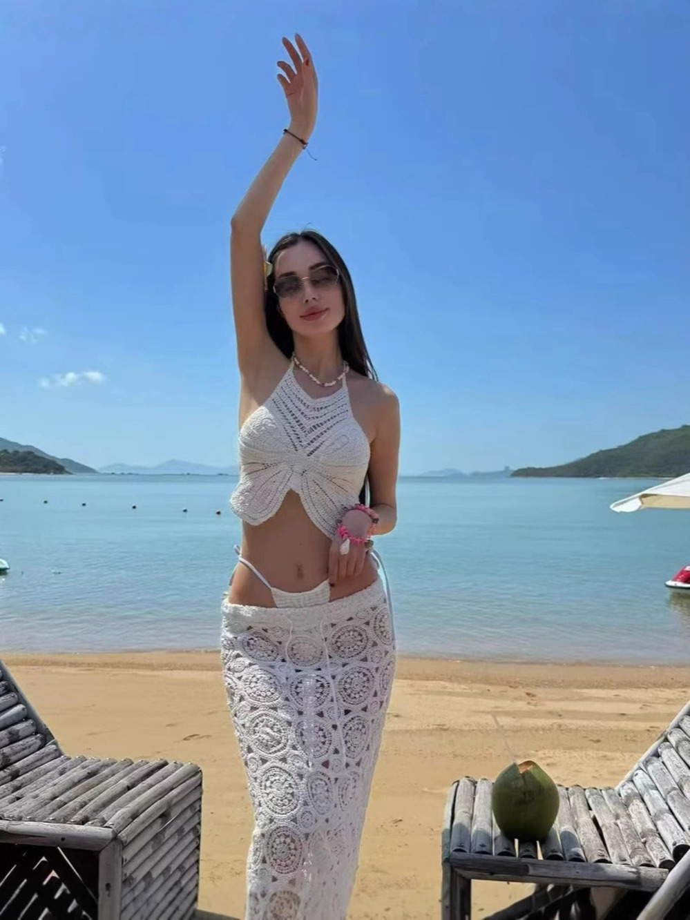 ZARA White Knit Hollow Out Halter Top and Tie Long Skirt Beach Vacation Set